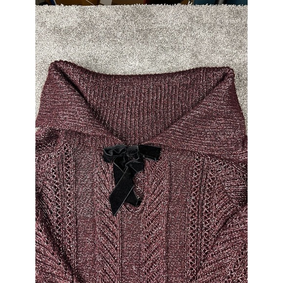 White House Black Market Sweater Women XL Shawl Collar Metallic Bow Cable Maroon - Picture 3 of 9